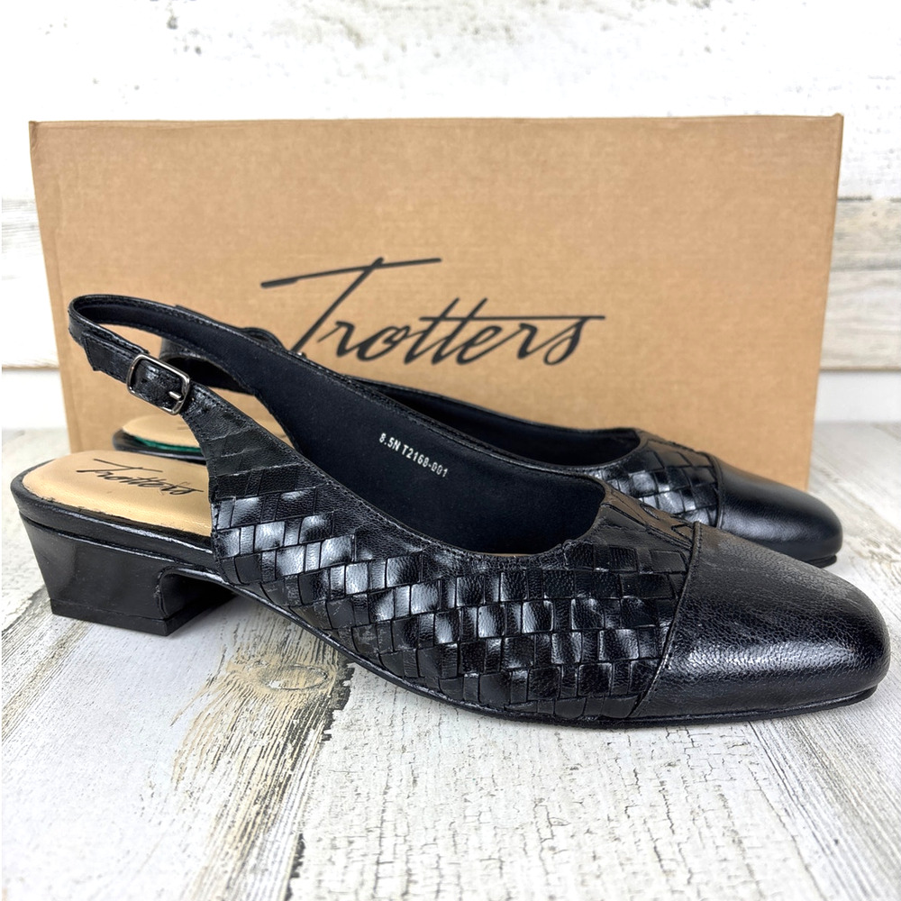 Trotters Womens 8.5 Dea Black Woven Leather Slingback Slip On Pumps NEW Luxe